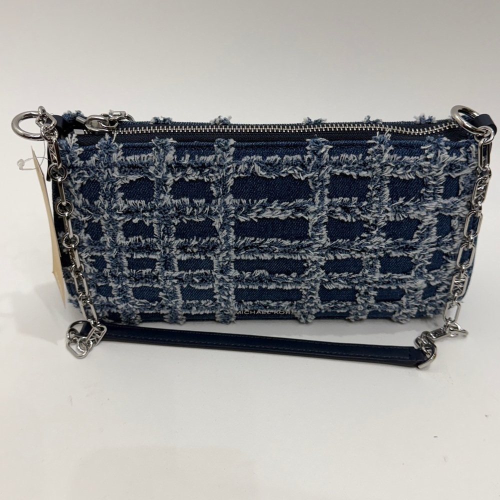 Michael Kors Empire Medium Frayed Denim Chain-Link Pochette handbag.
.NWT